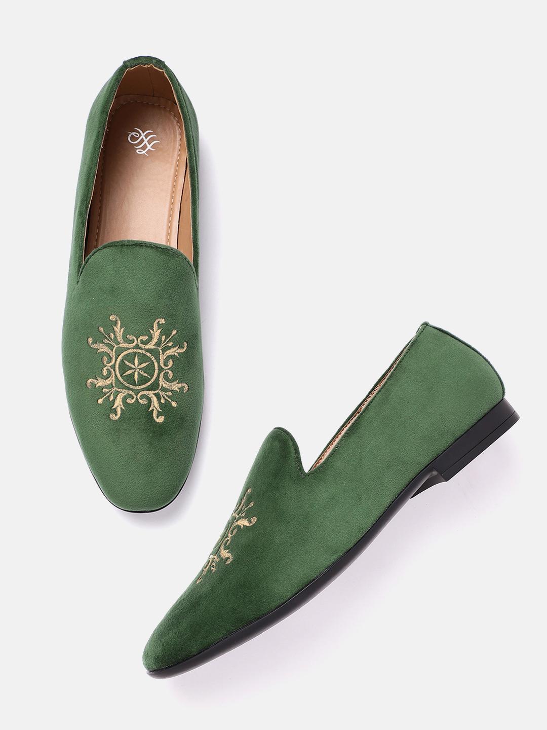 House of Pataudi Men Green Velvet Slip-Ons
