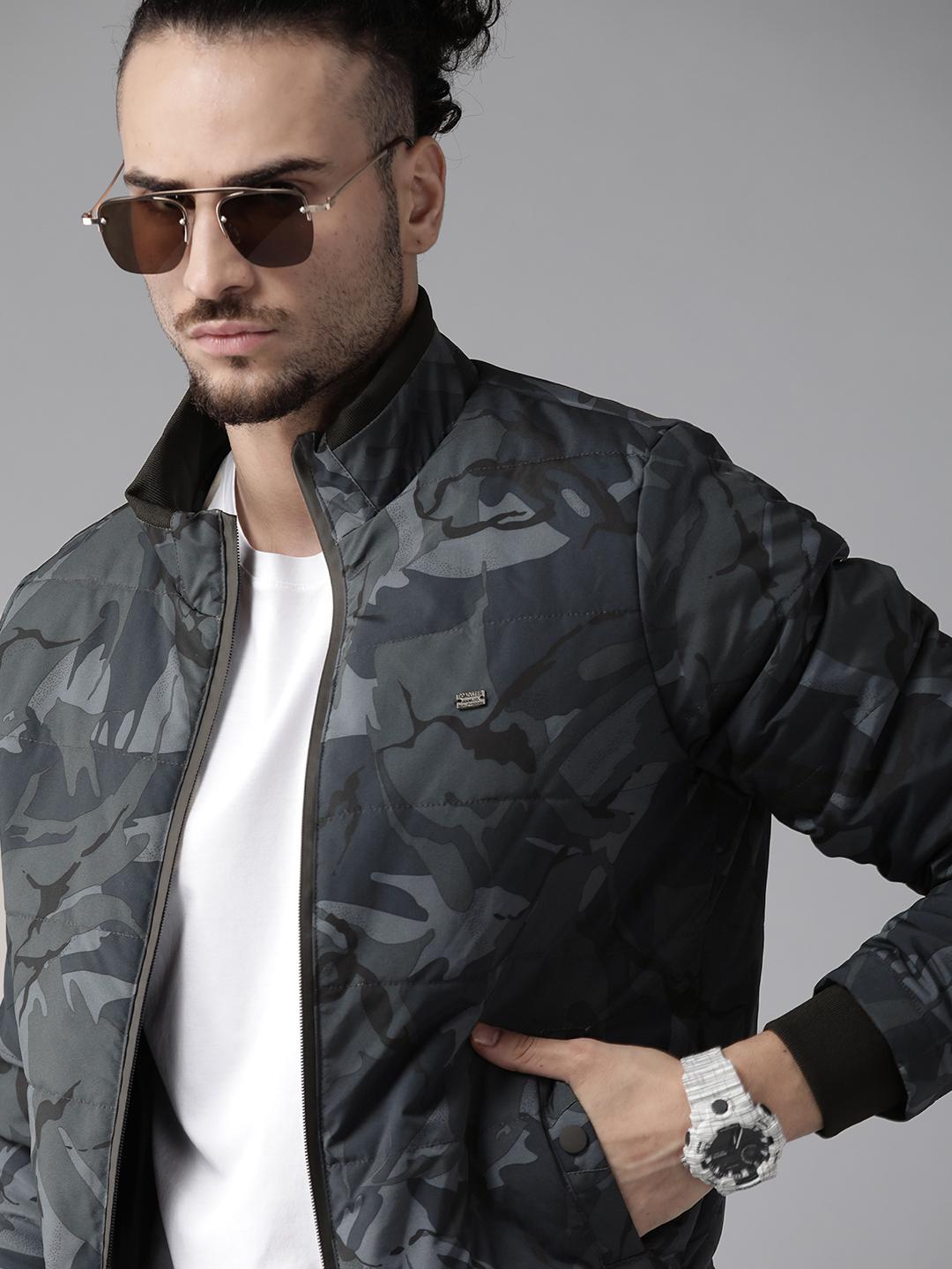 Buy Roadster Men Navy Blue Camouflage Print Padded Jacket