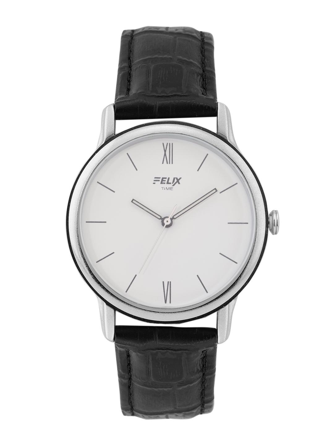 Buy FELIX Men White Solid Dial & Black Textured Leather Straps