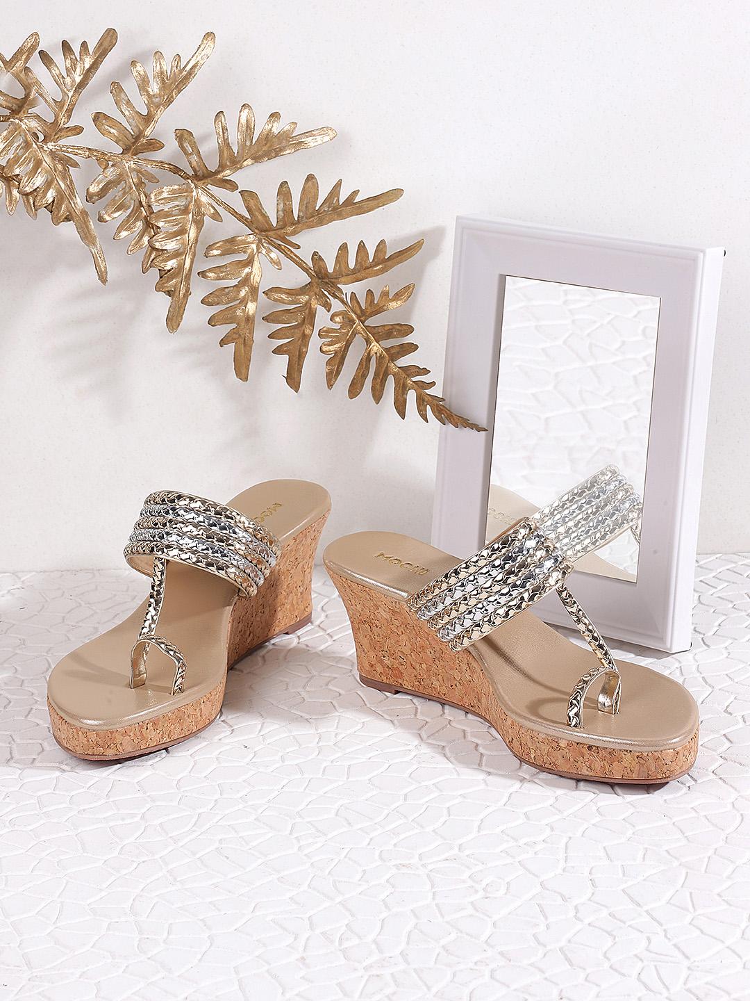 Buy Mochi Women Gold-Toned Embellished Wedge Sandals Heels for