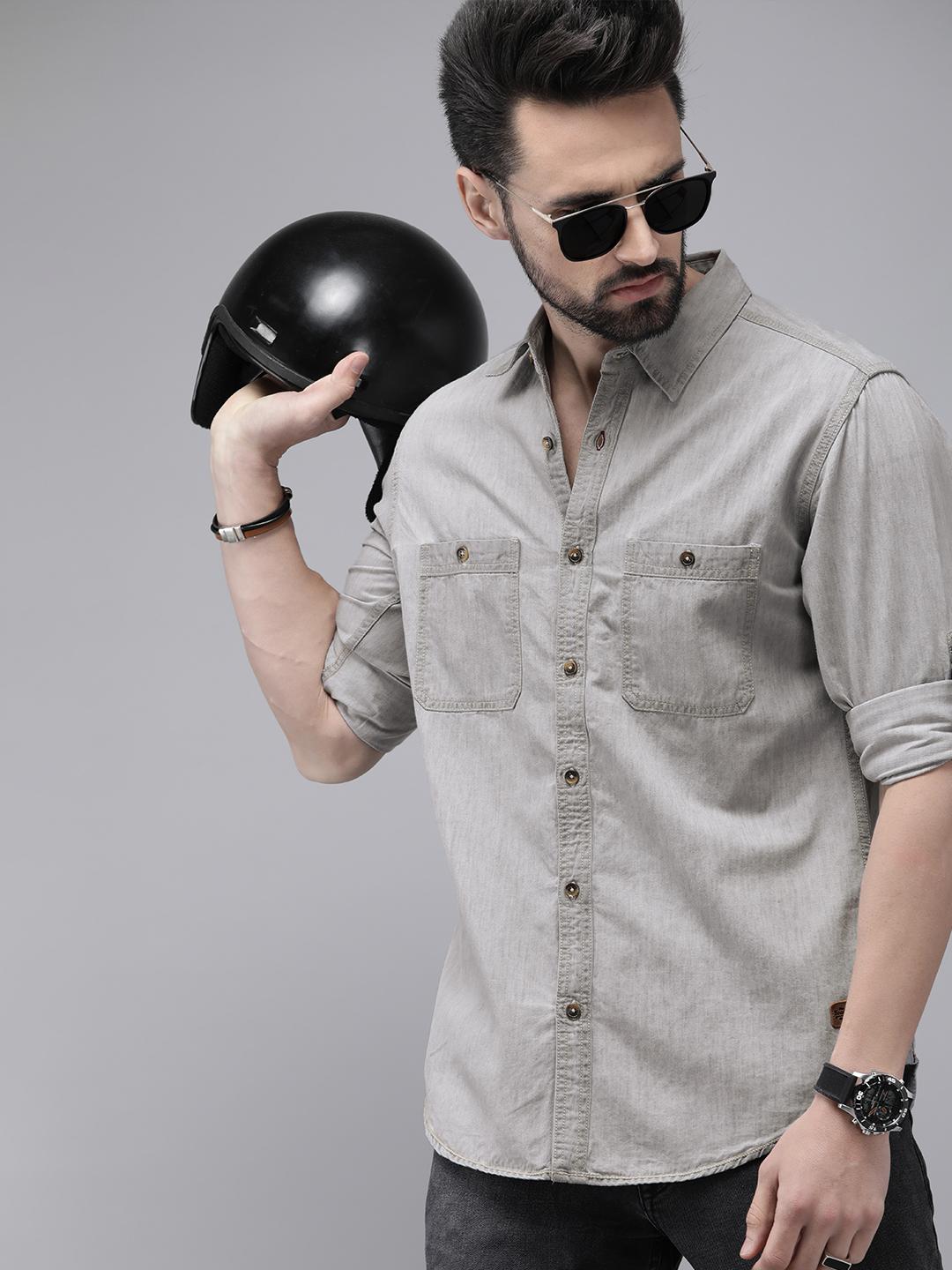 Roadster Men Grey Solid Regular Fit Pure Cotton Casual Shirt