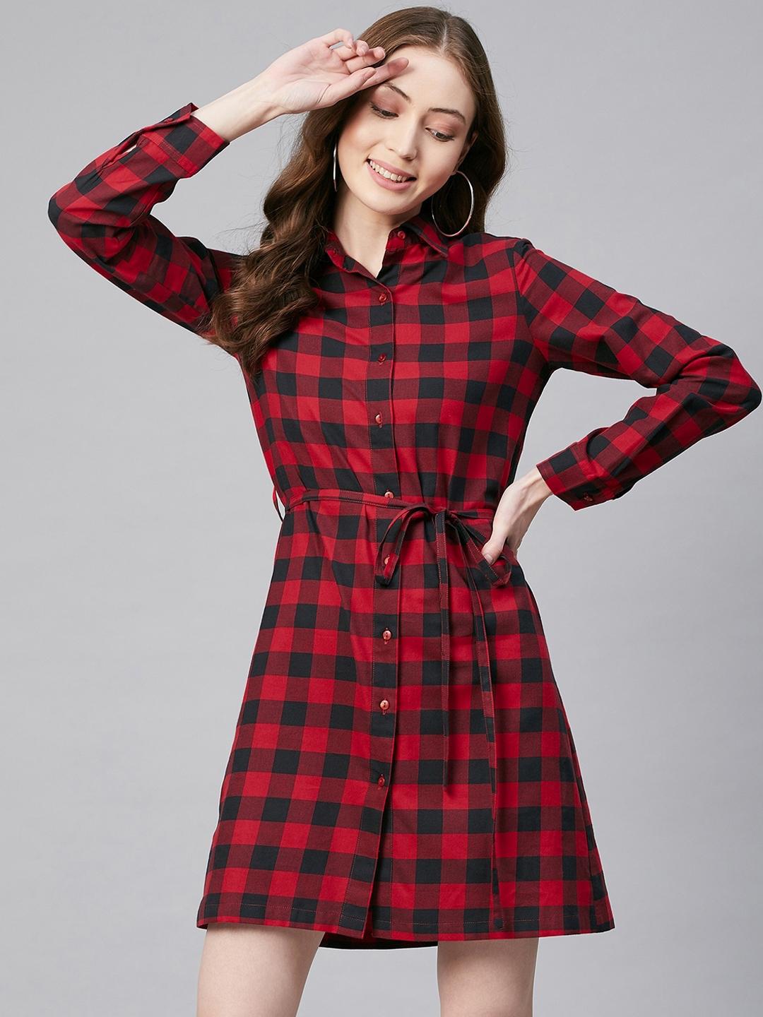 Buy StyleStone Red Black Checked Shirt Dress Dresses for Women