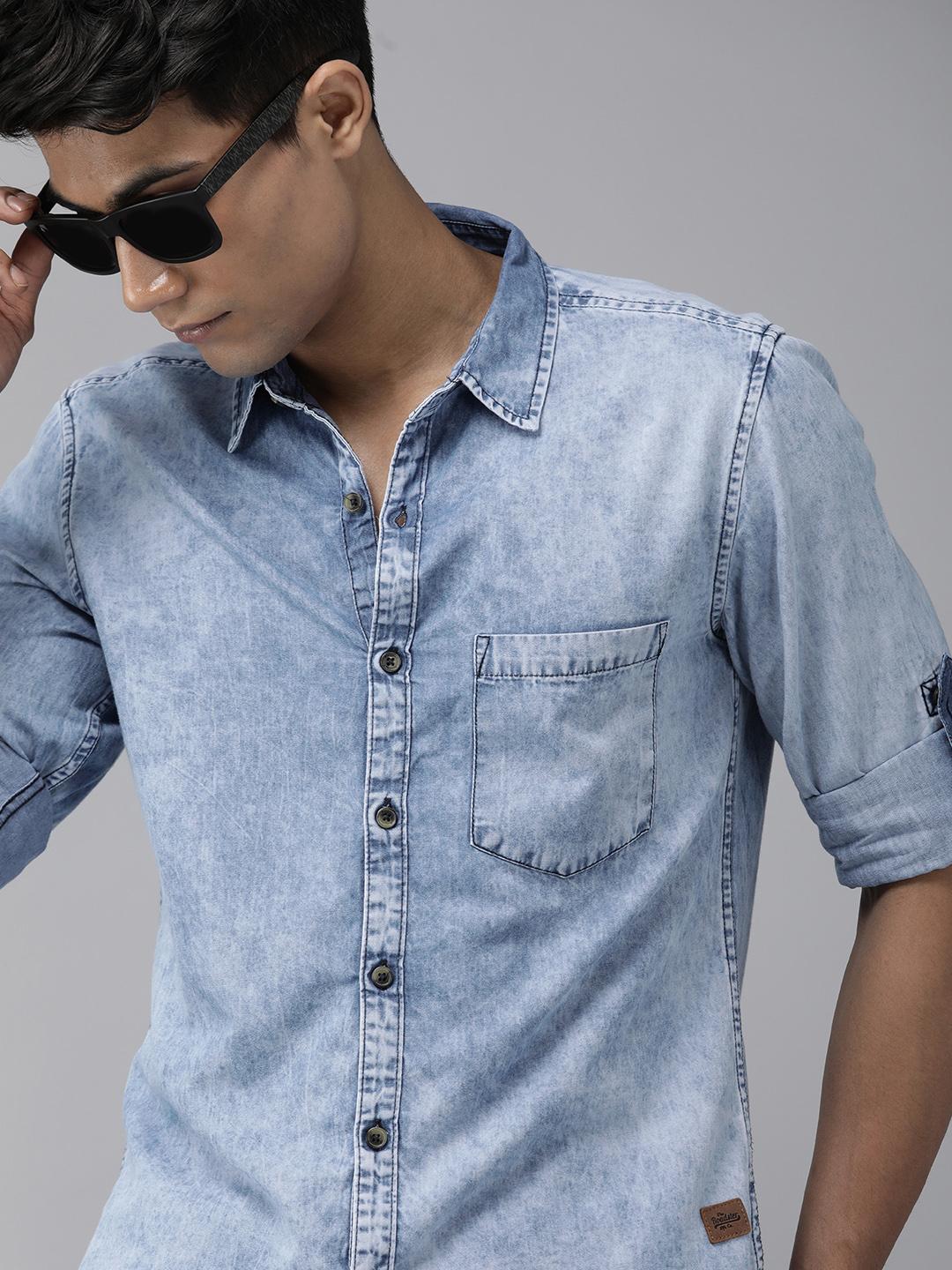 Buy Roadster Men Blue Solid Washed Cotton Denim Shirt Shirts