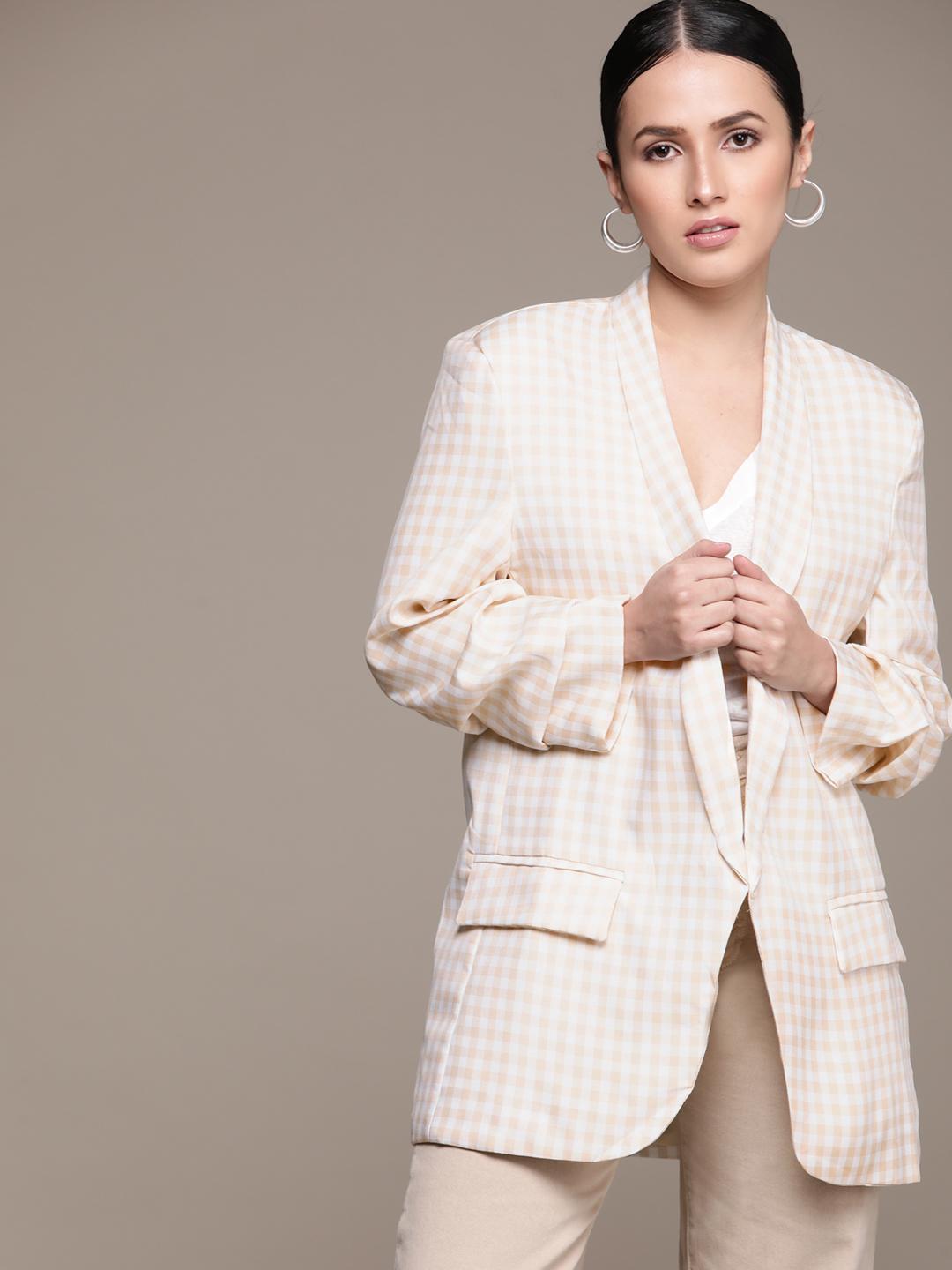 Buy URBANIC Women Beige White Checked Front-Open Blazer