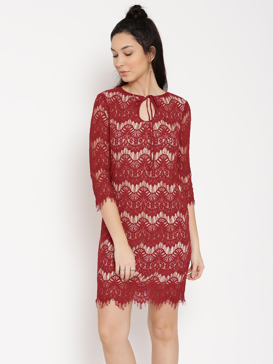 Buy FOREVER 21 Women Red & Nude-Coloured Lace Sheath Dress - Dresses for  Women 1585981 | Myntra
