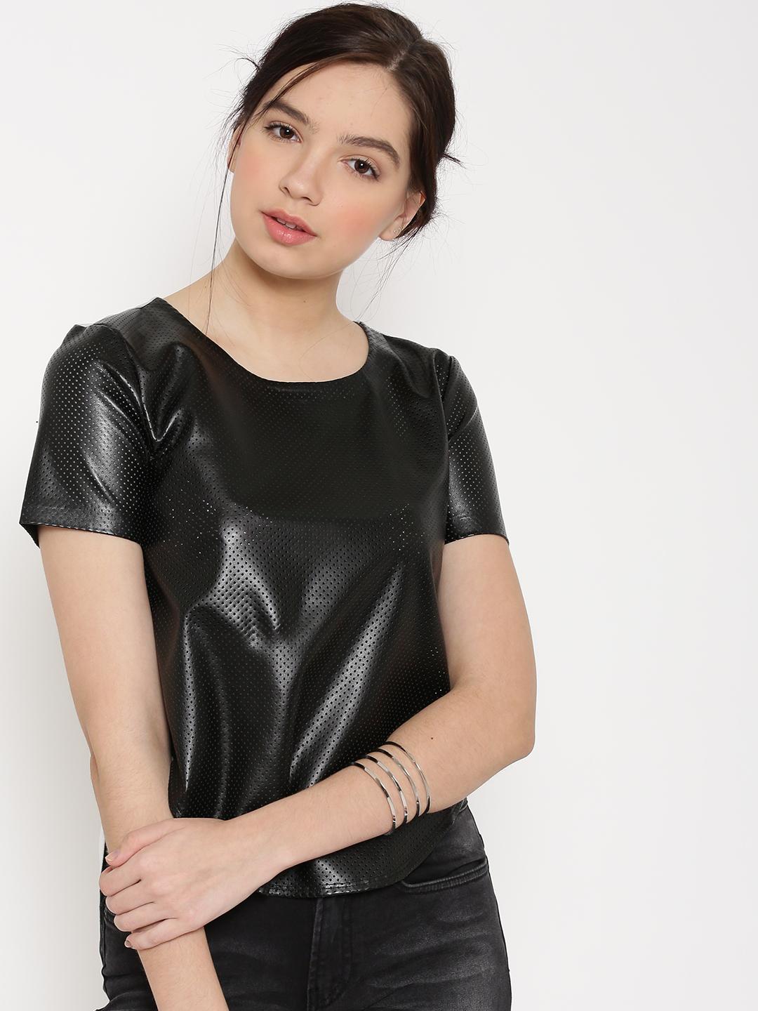 Buy FOREVER 21 Women Black Solid Faux Leather Top - Tops for Women