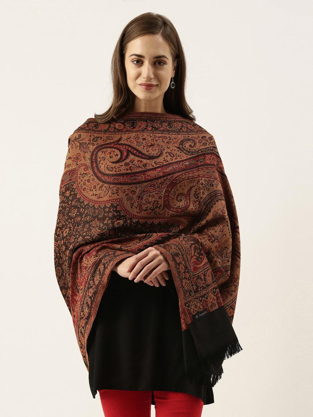 Pashmoda Women Black & Maroon Woven Design Jamawar Shawl - Image 1
