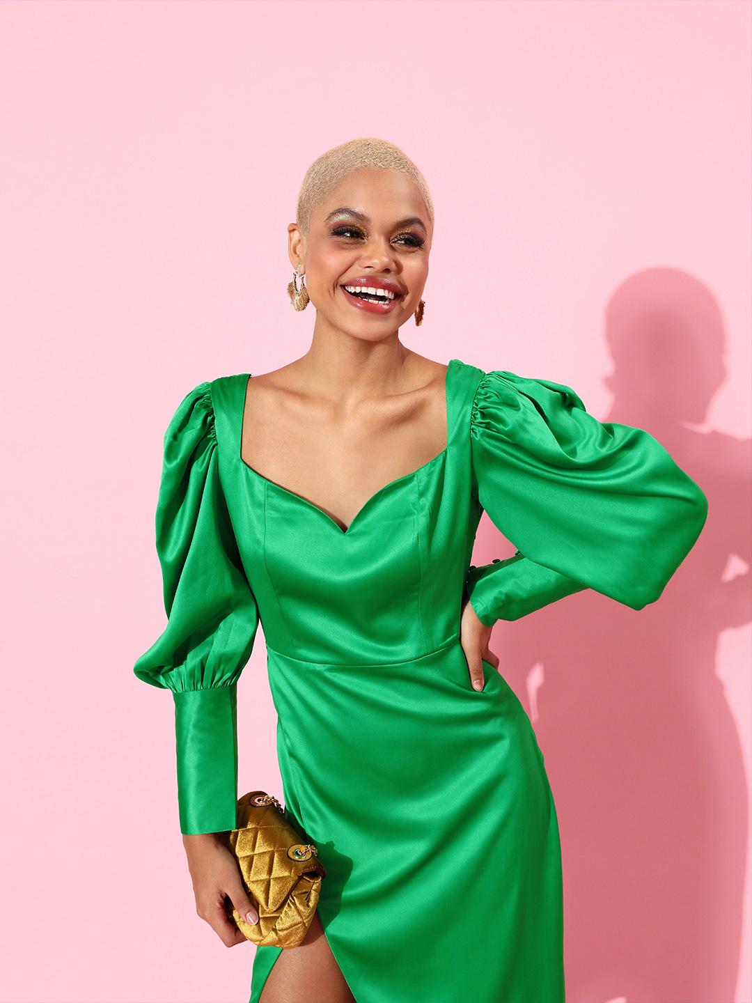 Buy STREET Women Gorgeous Green Solid Satin Dress Dresses for