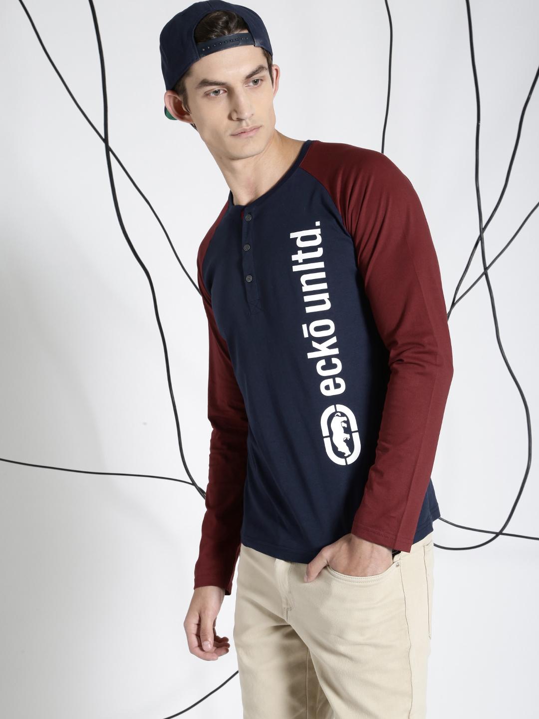 Buy Ecko Unltd Men Navy Blue & Maroon Printed Henley T-shirt