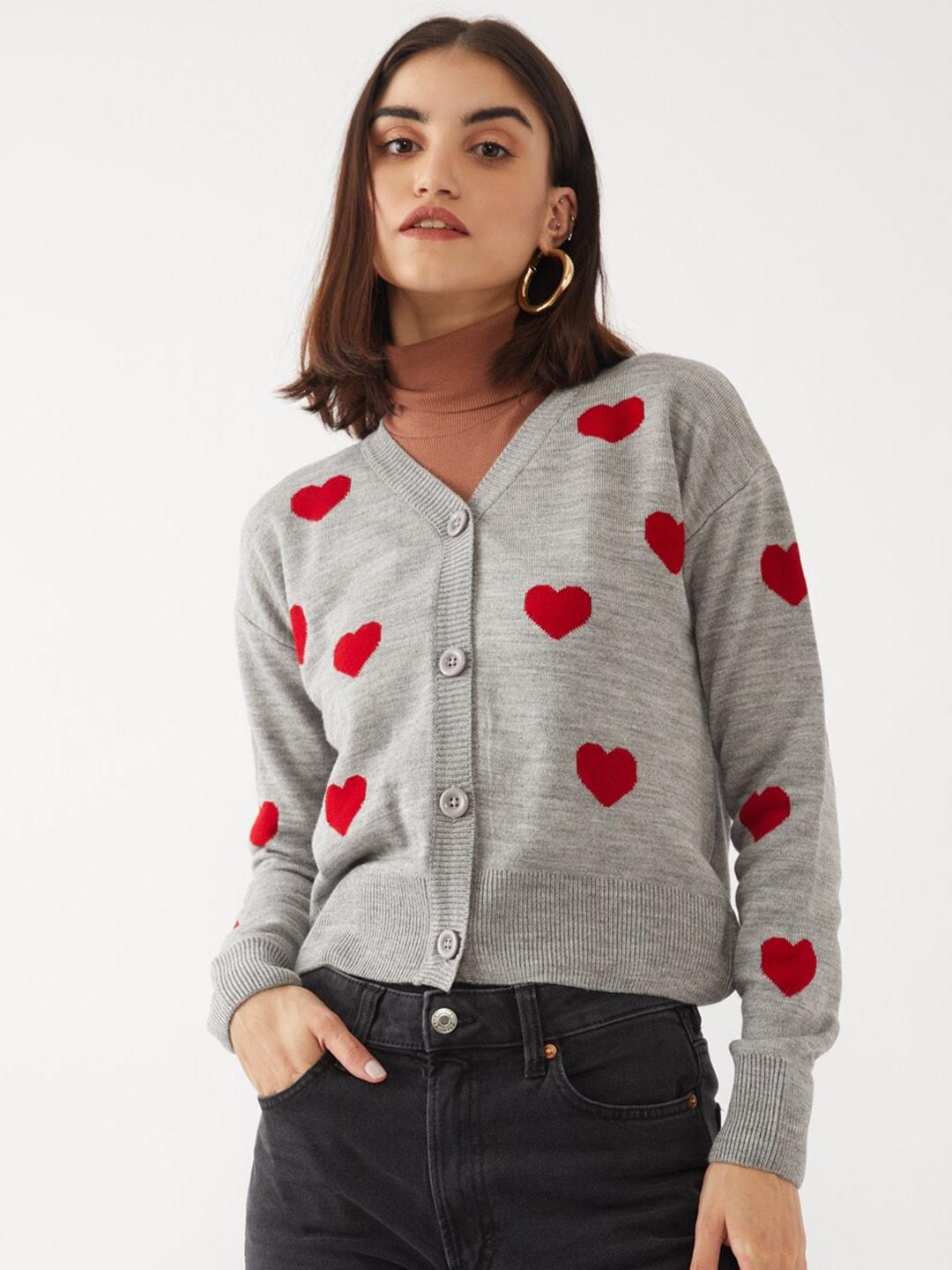 Buy Zink London Women Grey & Red Jacquard Heart Printed Pure