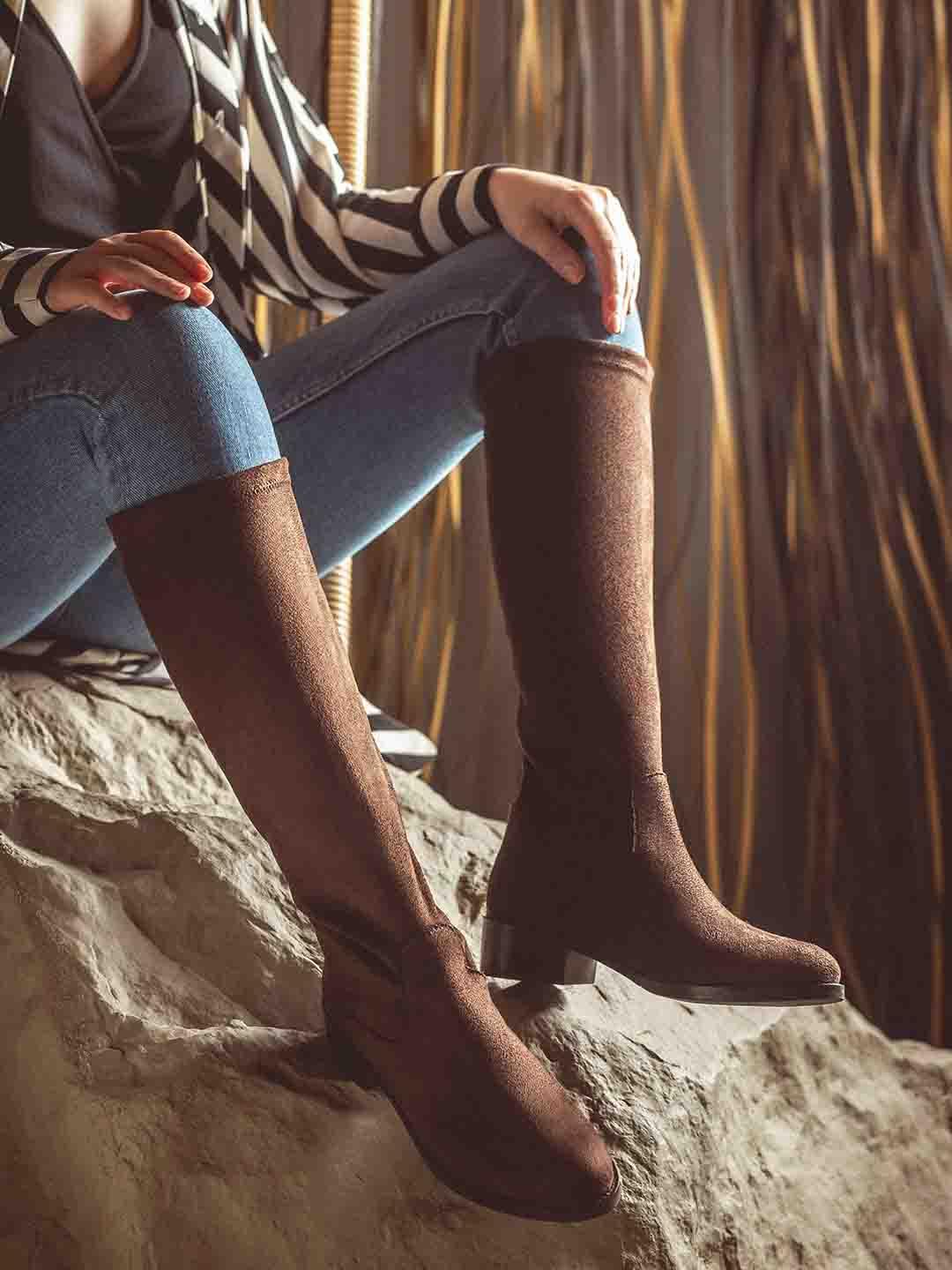 Buy Saint G Women Brown Stretch Suede Leather Knee High Boots