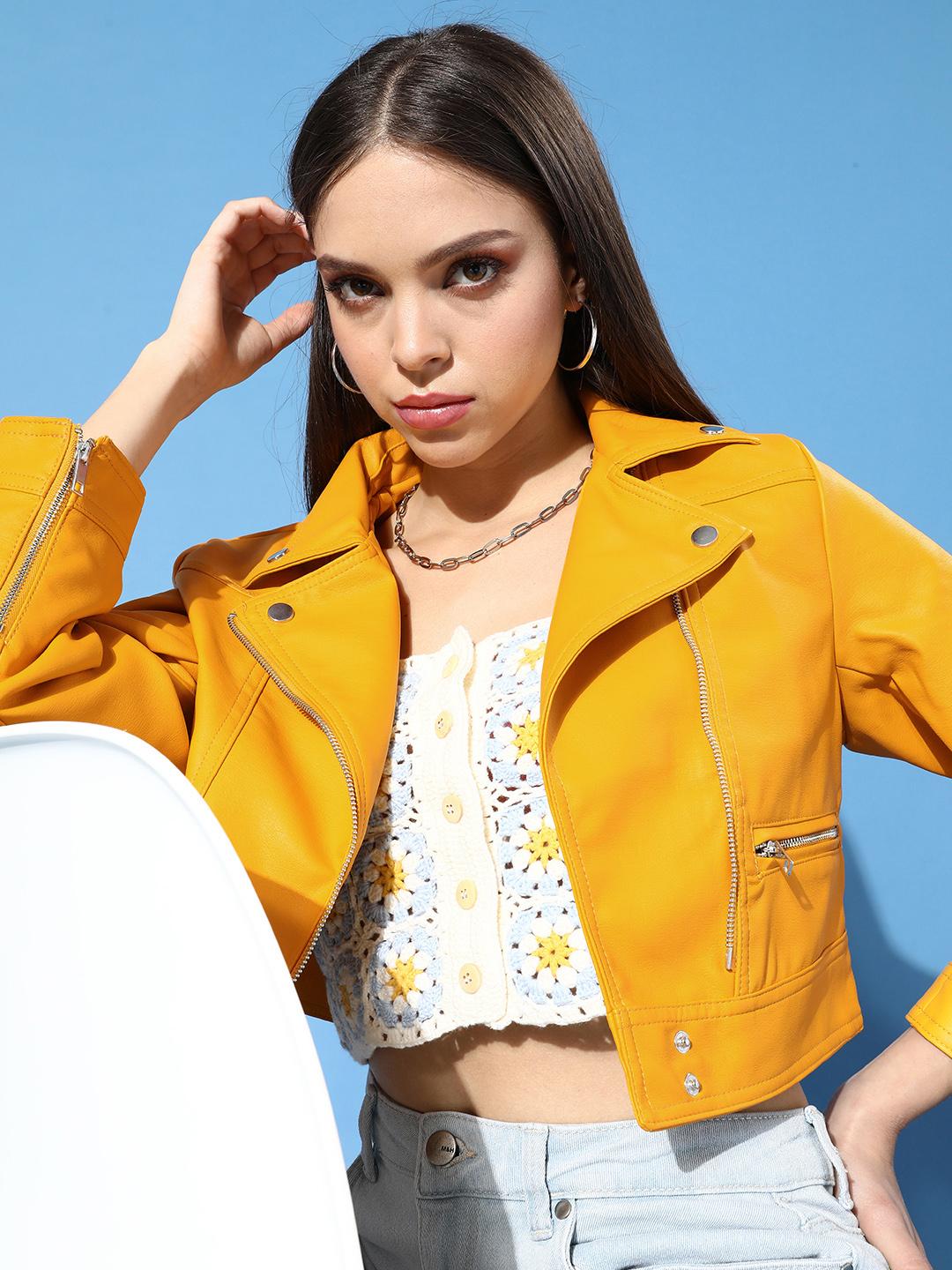 Tokyo Talkies Women Mustard Yellow Crop Biker Jacket