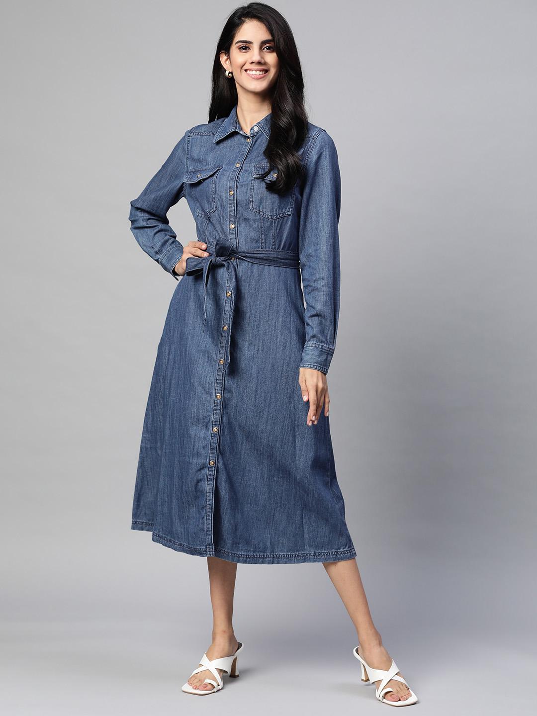 Buy Marks Spencer Navy Blue Solid Pure Cotton Denim Shirt Midi