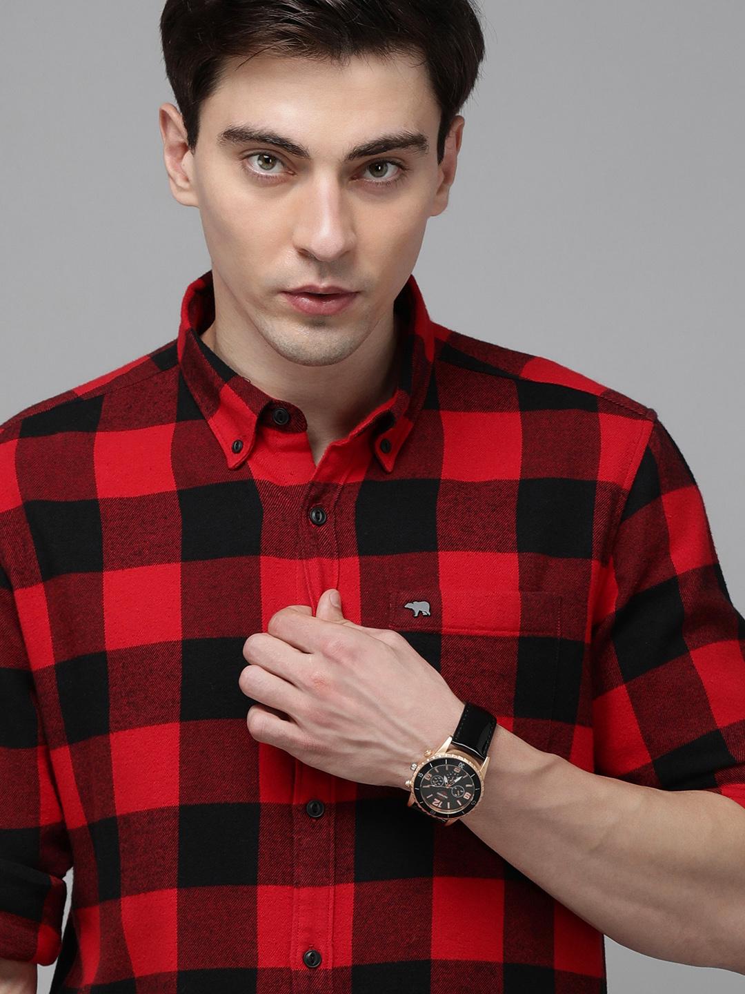THE BEAR HOUSE Men Red Flannel Slim Fit Cotton Checked Shirt