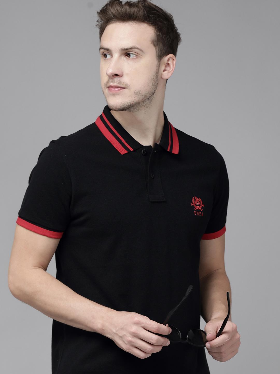 Buy U S Polo Assn Men Black Red Polo Collar Slim Fit T-shirt
