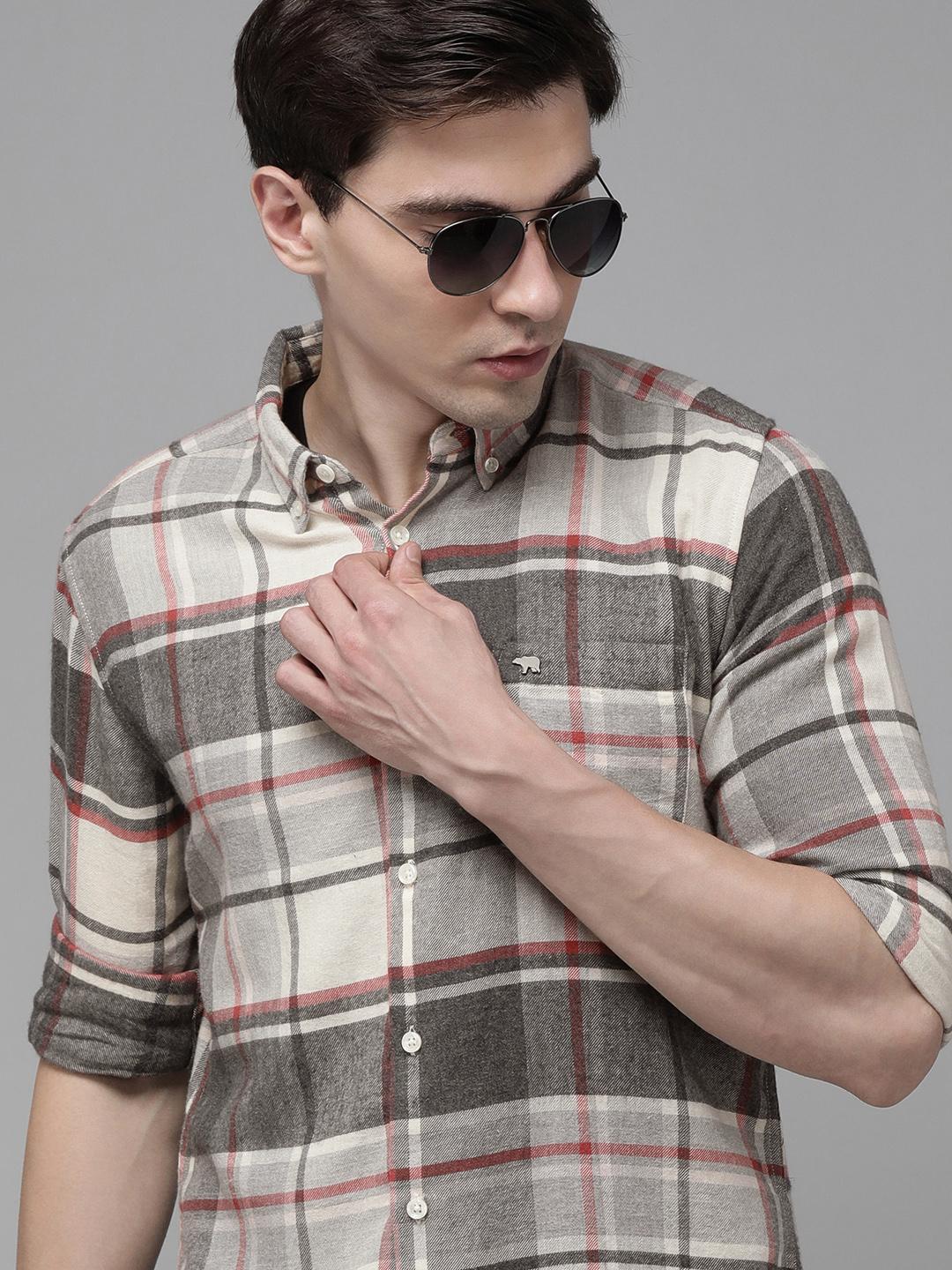 THE BEAR HOUSE Men Grey Slim Fit Cotton Checked Casual Shirt