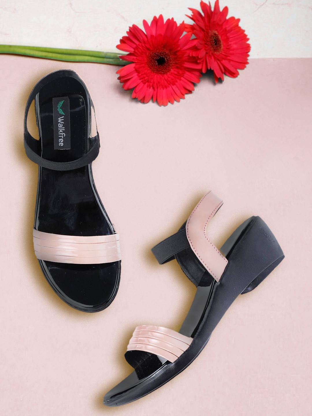 Buy Walkfree Women Peach-Coloured Striped Wedge Sandals Heels