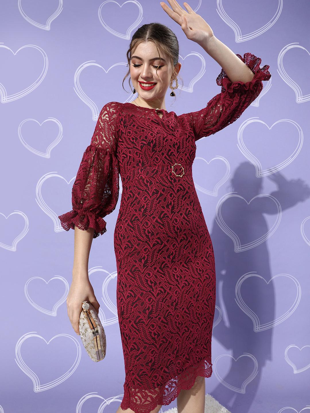 Buy Miss Chase Women Charming Maroon Floral Lace Dress - Dresses