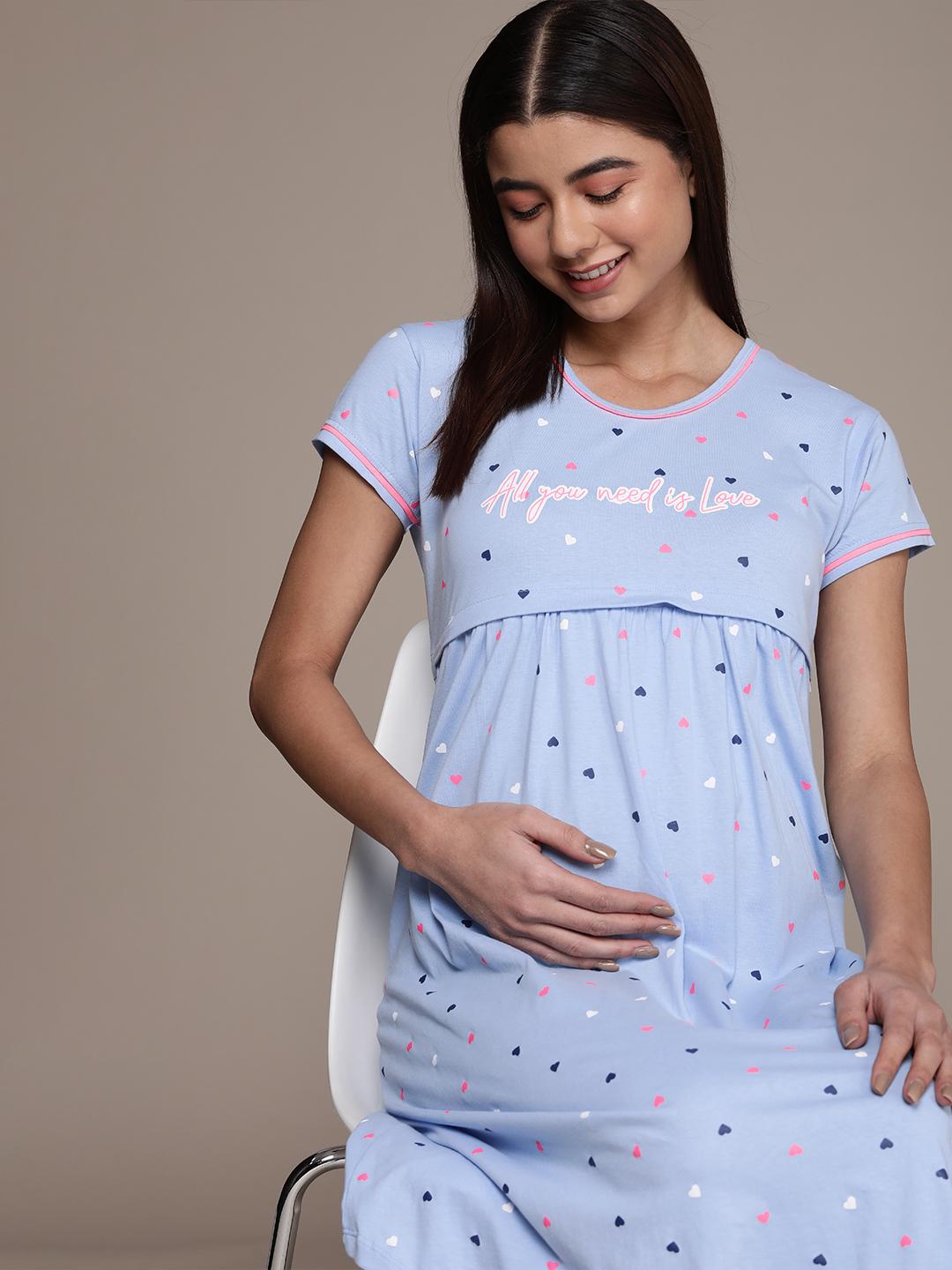 Buy beebelle Blue Printed Maternity & Feeding Pure Cotton Nightdress -  Nightdress for Women 16616162 | Myntra