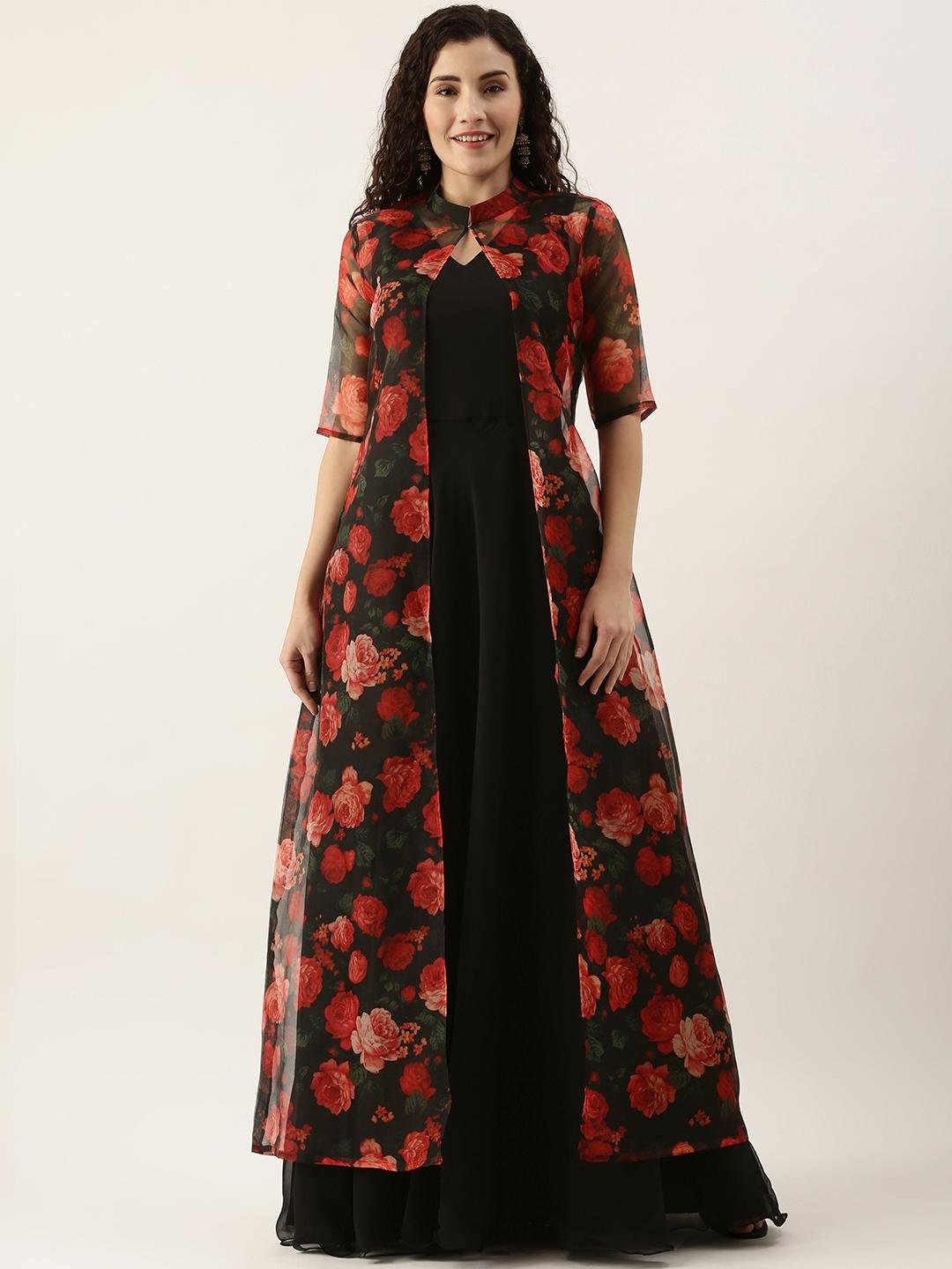 Buy Ethnovog Women Black Red Layered Georgette A-Line Maxi Dress with a  Organza Jacket - Ethnic Dresses for Women 16647224 | Myntra
