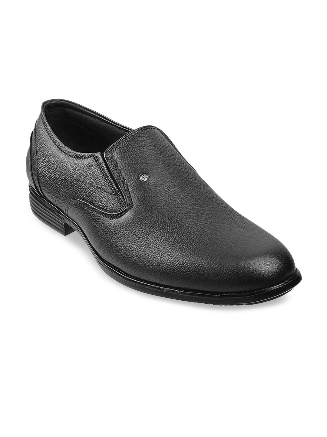 Mochi Men Black Solid Leather Formal Slip-Ons