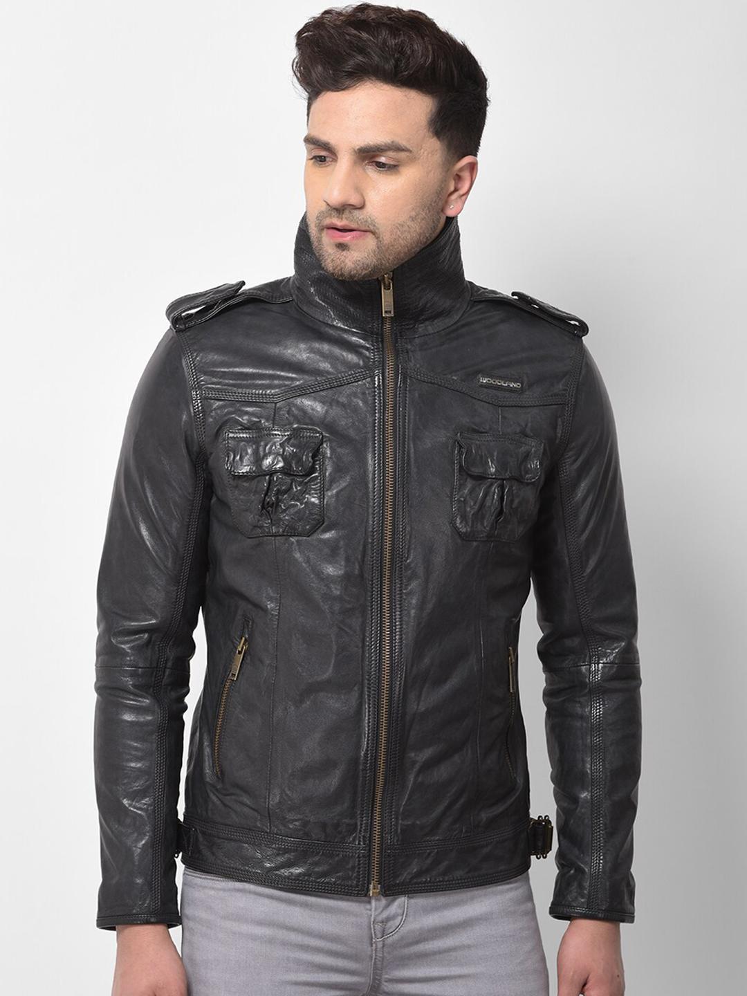 Buy Woodland Men Black Leather Water Resistant Leather Jacket