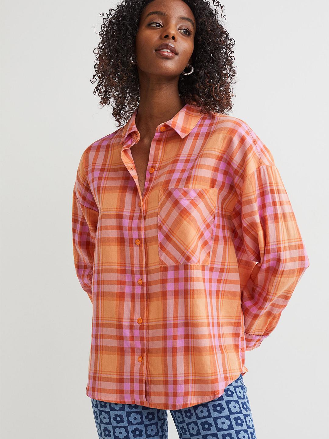 Buy H&M Women Orange & Pink Checked Pure Cotton Wide Shirt
