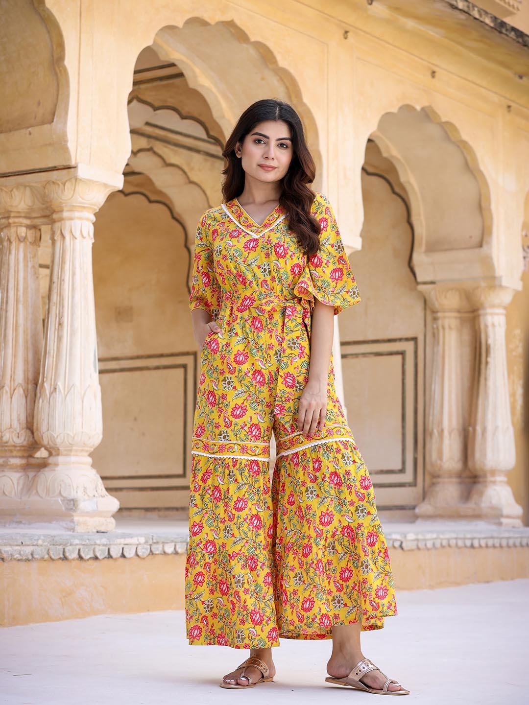 Buy Yufta Women Stylish Mustard Printed Elevated Jumpsuit