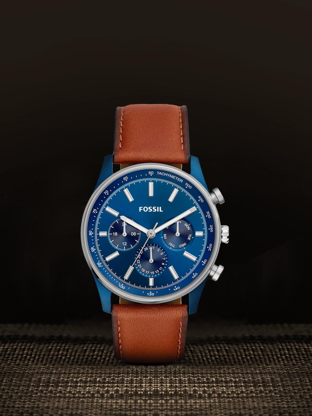 Buy Fossil Men Blue Dial Brown Leather Straps Analogue Watch