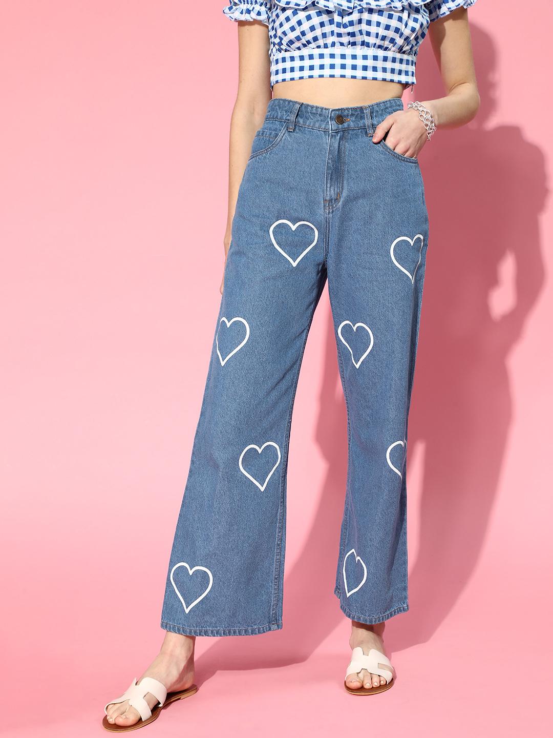 Buy SASSAFRAS Women Blue Wide Leg High-Rise Heart Printed Jeans