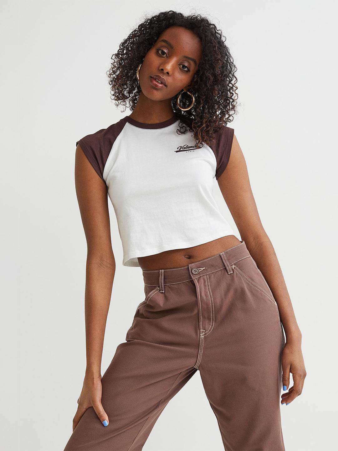 Buy H&M Women White & Brown Printed Cropped Top - Tops for Women
