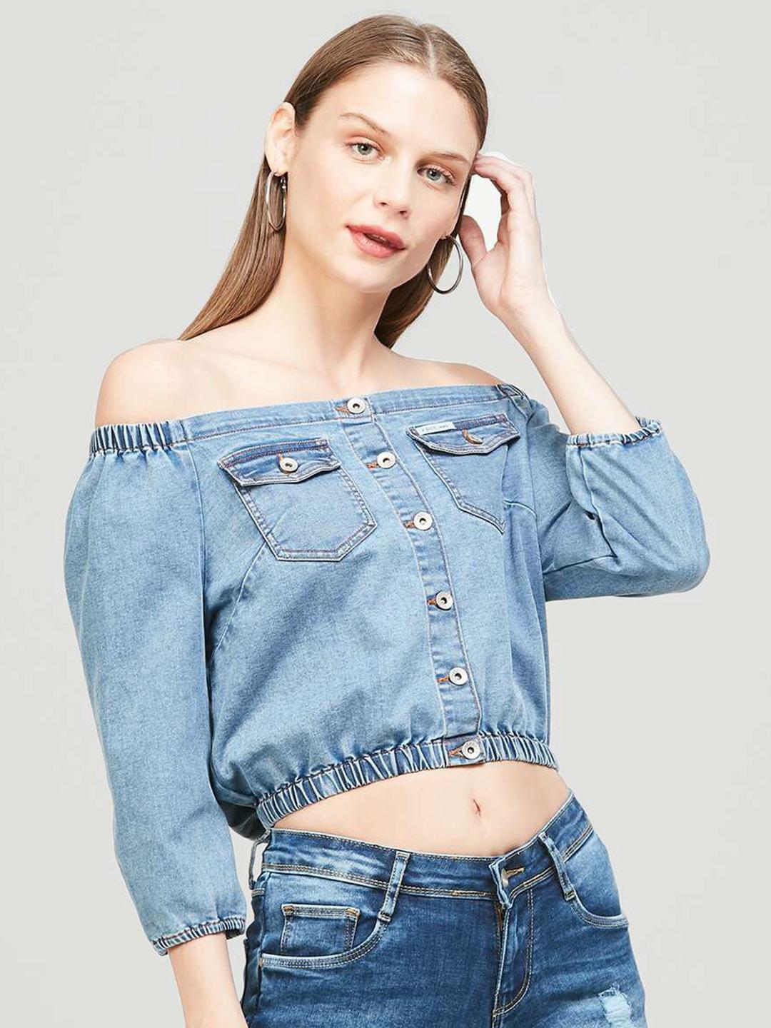 Xpose Blue Off-Shoulder Denim Bardot Crop Top