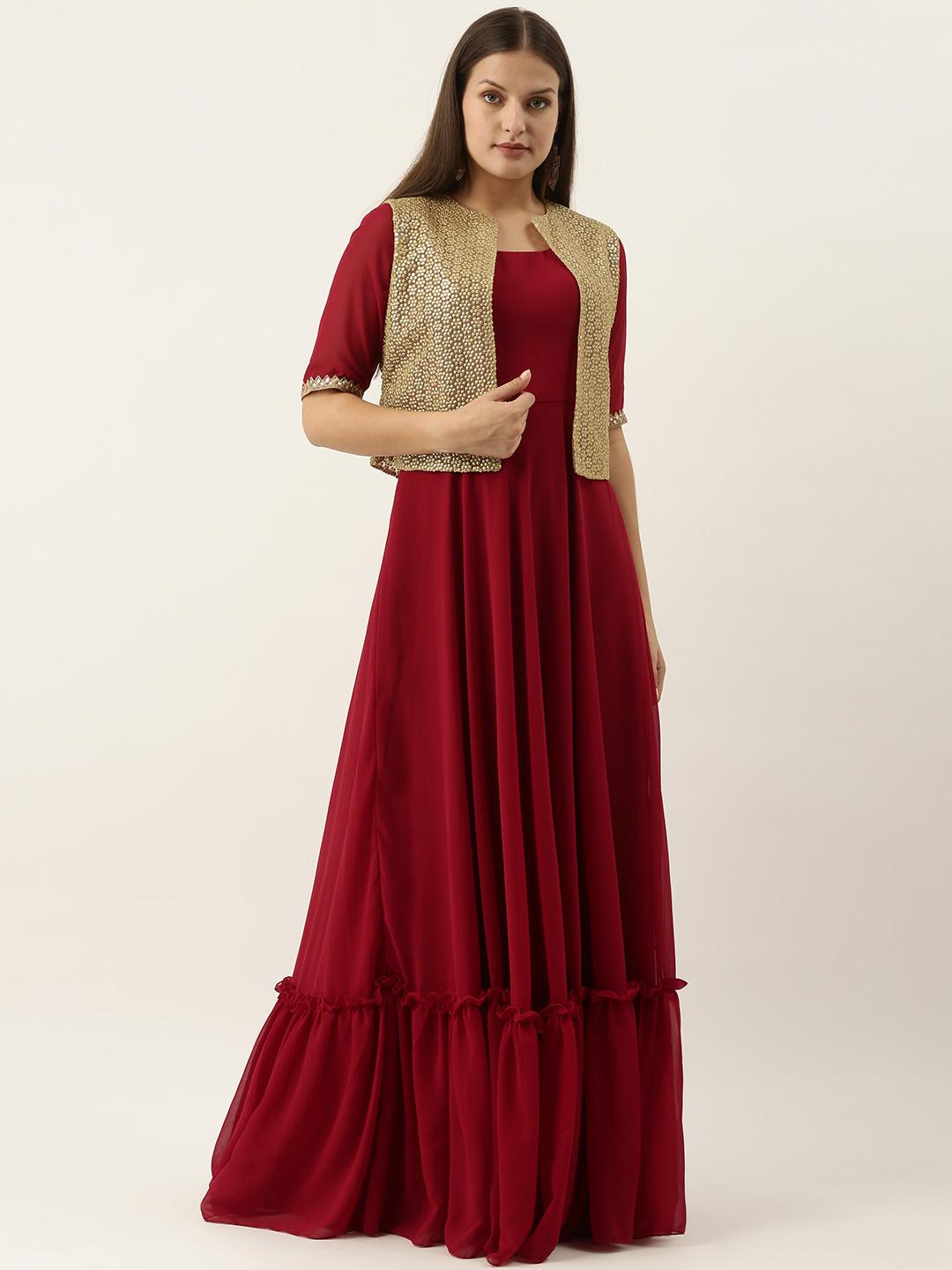 Buy Ethnovog Maroon Golden Solid Georgette Ethnic Maxi Dress With Jacket -  Ethnic Dresses for Women 17370498 | Myntra