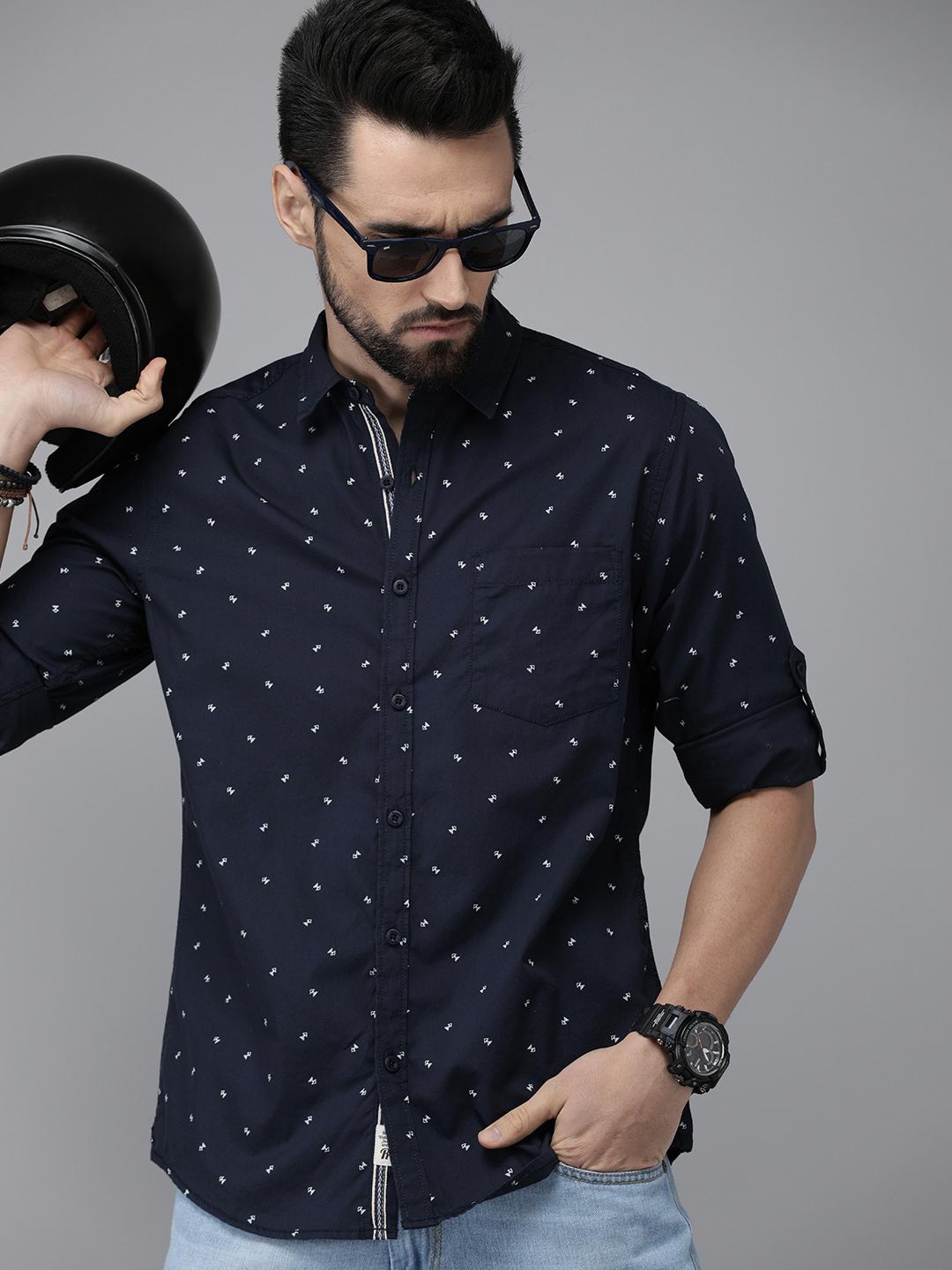 Buy Roadster Men Navy Blue Geometric Printed Pure Cotton Casual