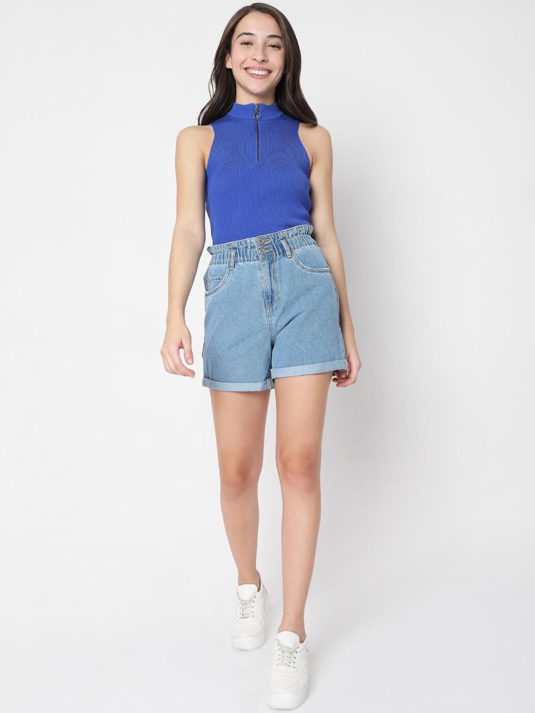 Buy Vero Moda Women Blue Regular Fit High-Rise Denim Shorts