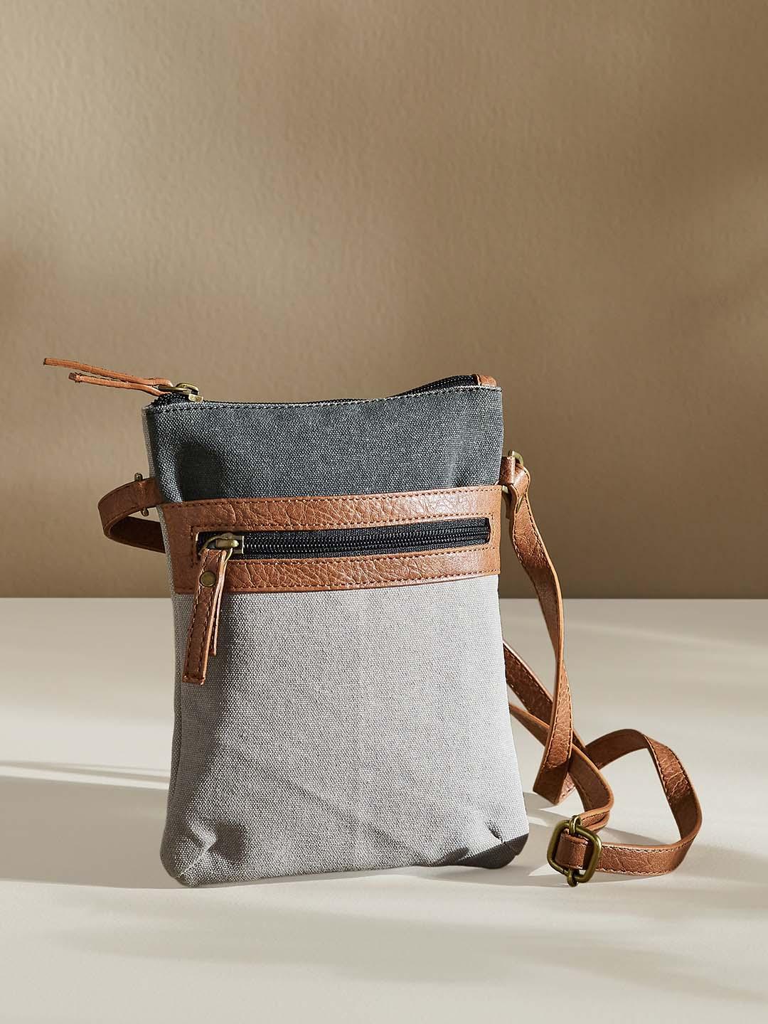 Buy Mona B Women Grey Tan Upcycled Canvas Crossbody Sling Bag