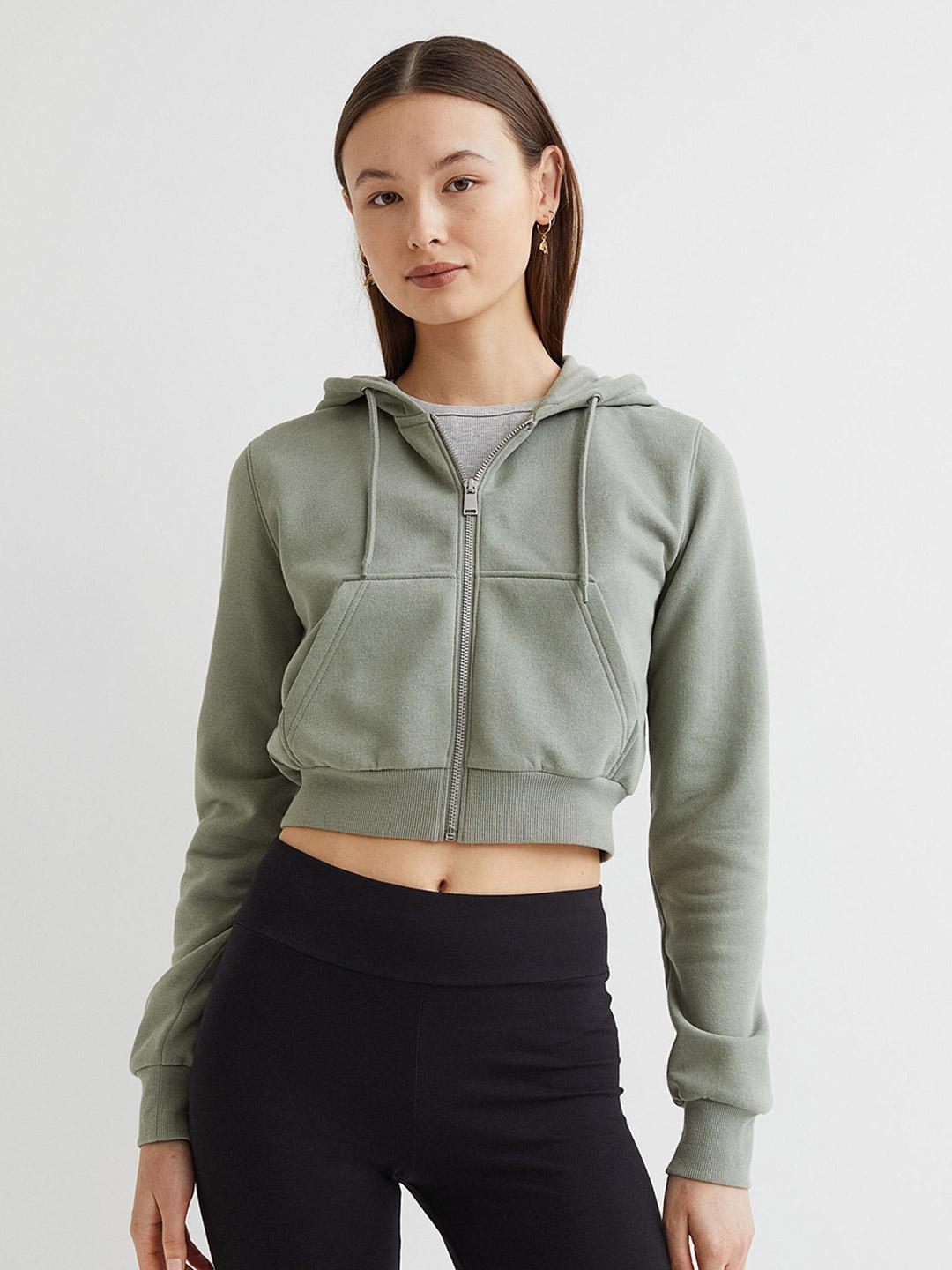 Buy H&M Women Olive Green Cropped Zip-Through Hoodie - Sweatshirts