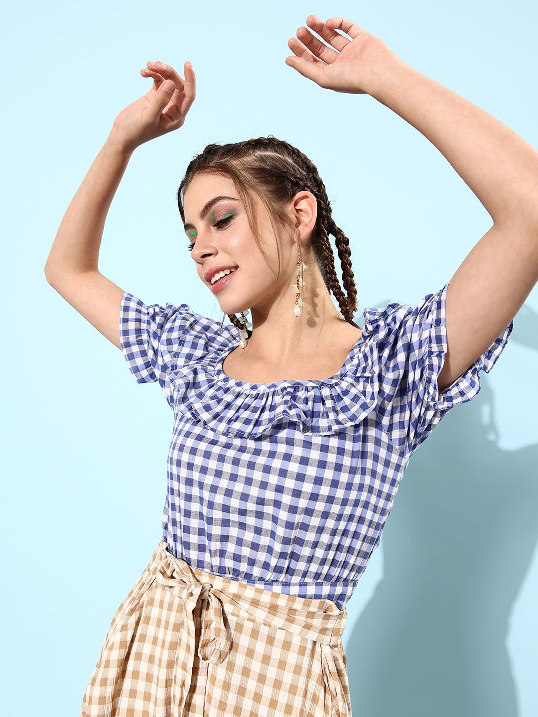 Buy Marie Claire Blue Checked Summer Gingham Top - Tops for Women