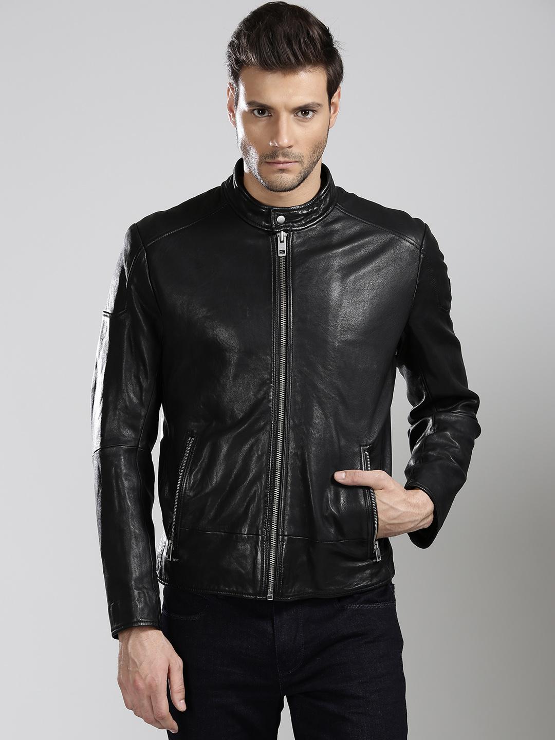 Leather Bomber Jacket Boss Gonel Leather Jacket Buy BOSS Orange Black Jofynn Sheepskin Leather Biker Jacket Jackets For  Men 1761477 Myntra