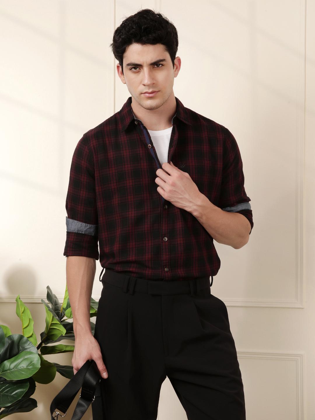 Buy WROGN Men Dark Purple Black Slim Fit Checked Pure Cotton