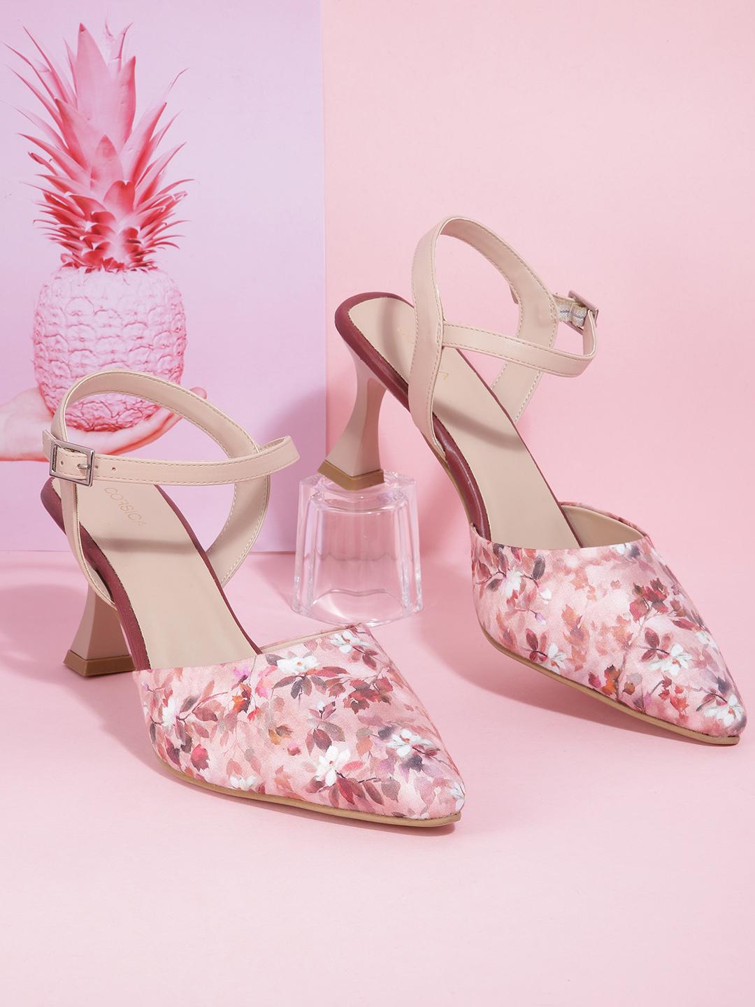 Buy CORSICA Women Pink Maroon Floral Printed Block Heels Heels