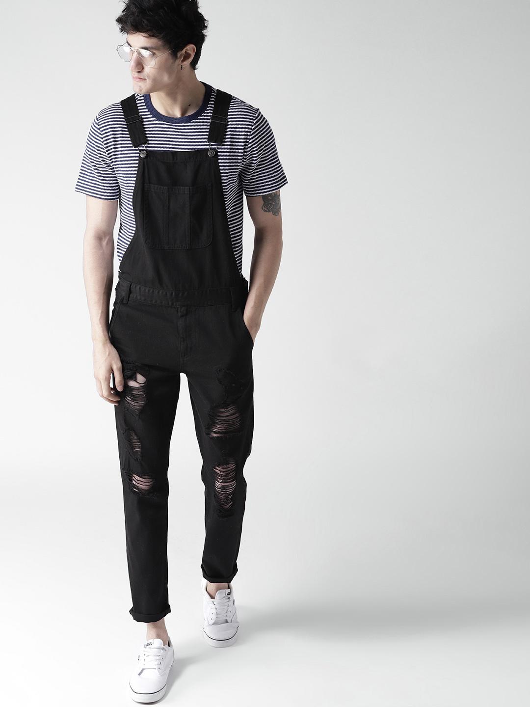 Buy FOREVER 21 Men Black Distressed Denim Dungarees - Dungarees
