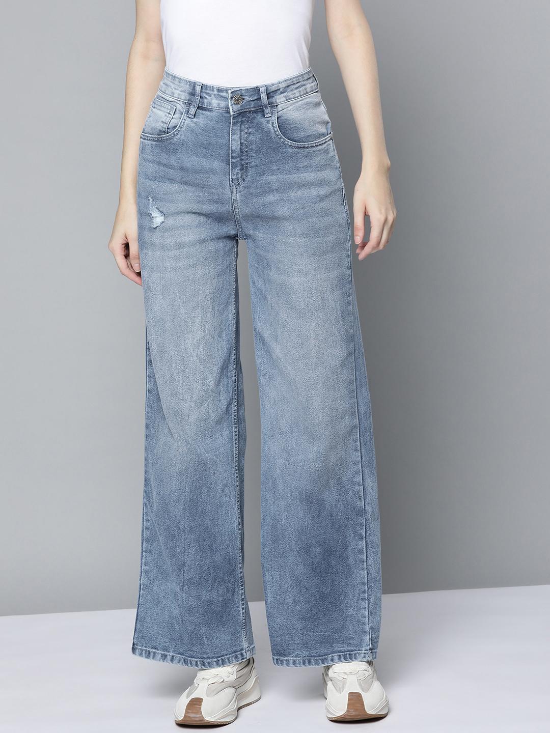Buy Harvard Women Blue Wide Leg High-Rise Low Distress Light Fade