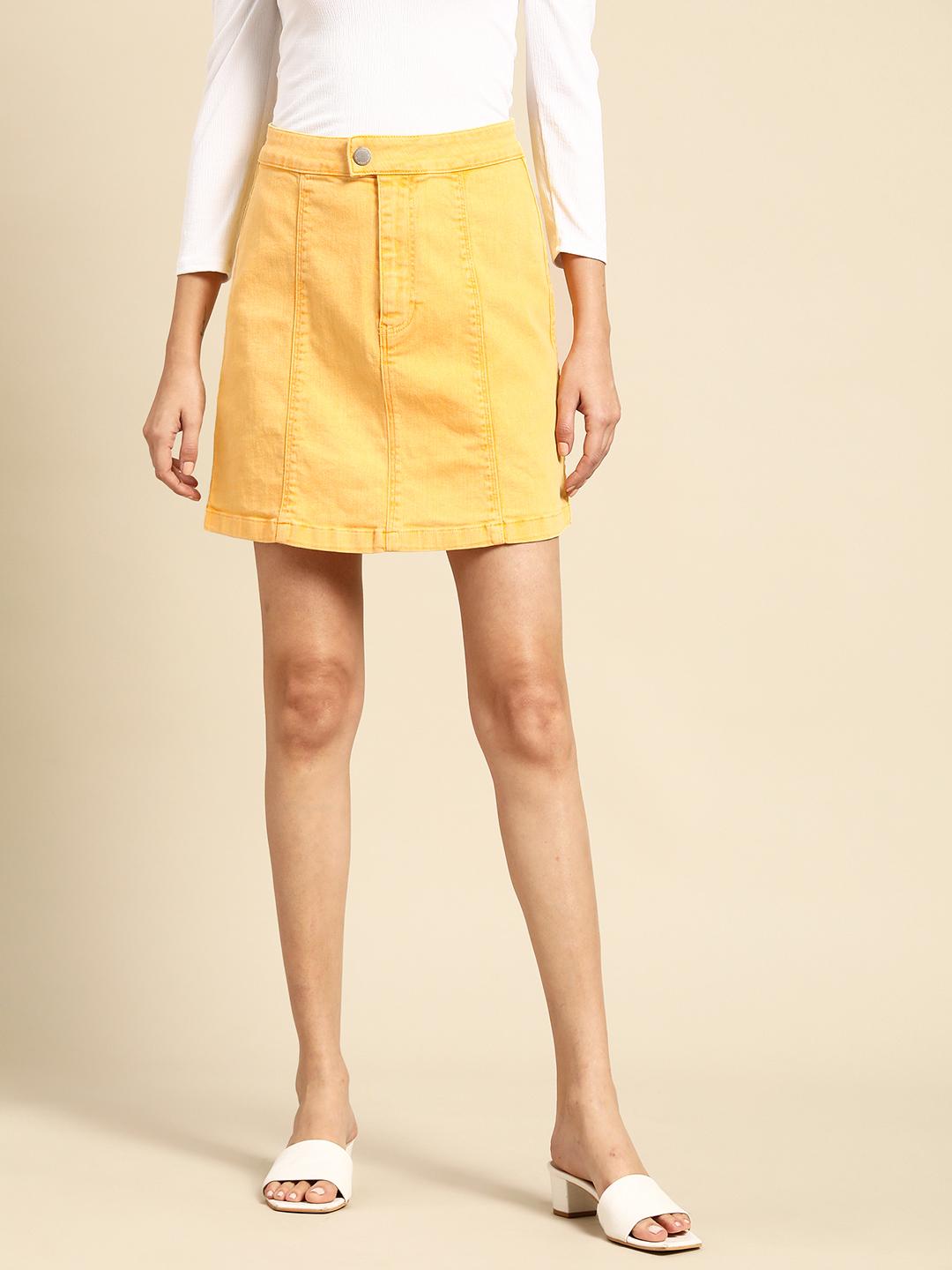 Buy OXXO Women Yellow Denim Straight Hem Above Knee Knitted A-line