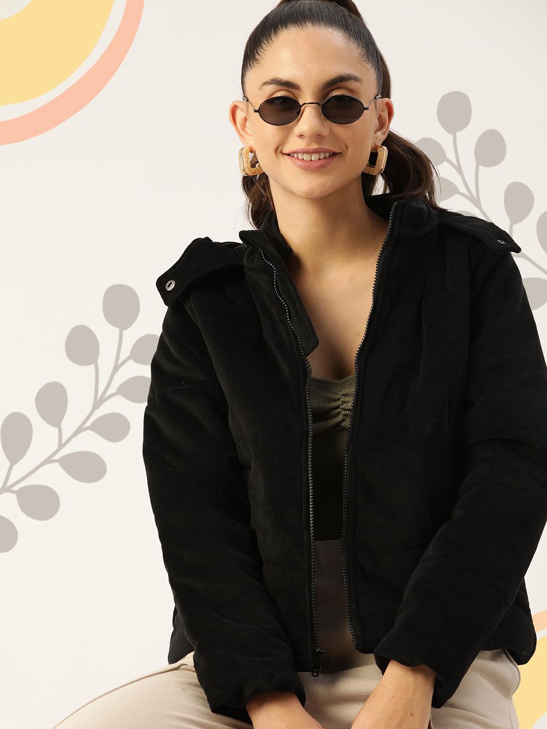 DressBerry Women Black Velvet Finish Hooded Padded Jacket