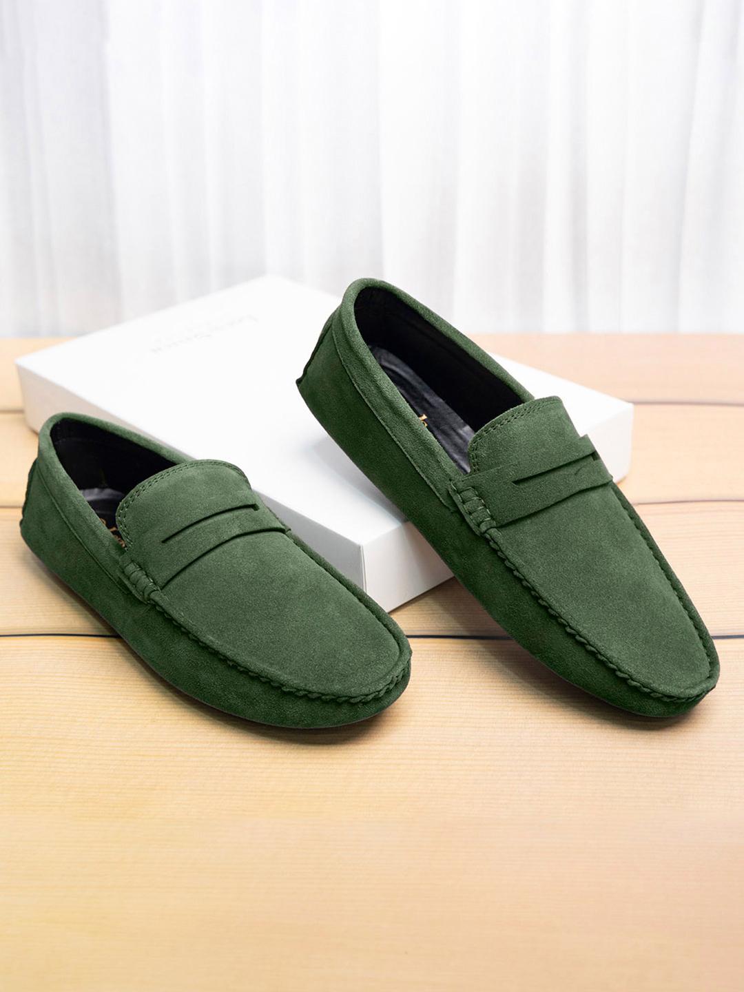 LOUIS STITCH Men Seaweed Green Italian Suede Leather Driving Loafers