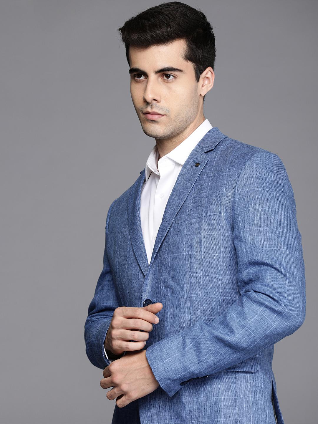 Buy Louis Philippe Men Blue Checked Slim Fit Pure Linen Single