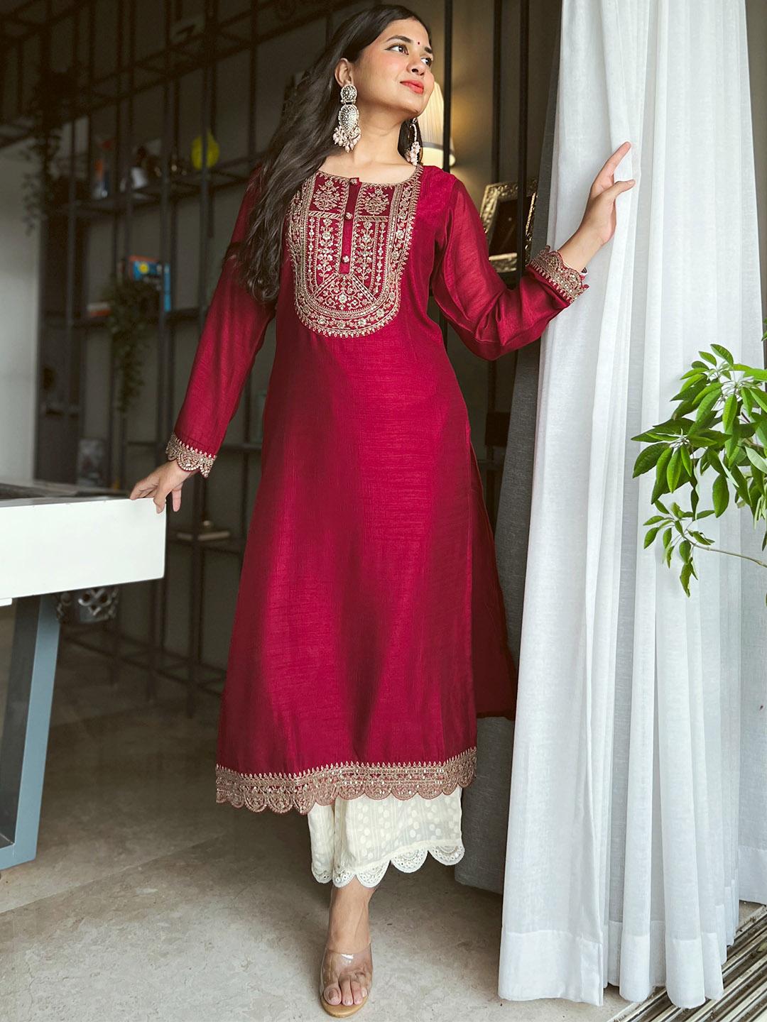 Buy Libas Women Maroon Yoke Design Embellished Kurta Kurtas for