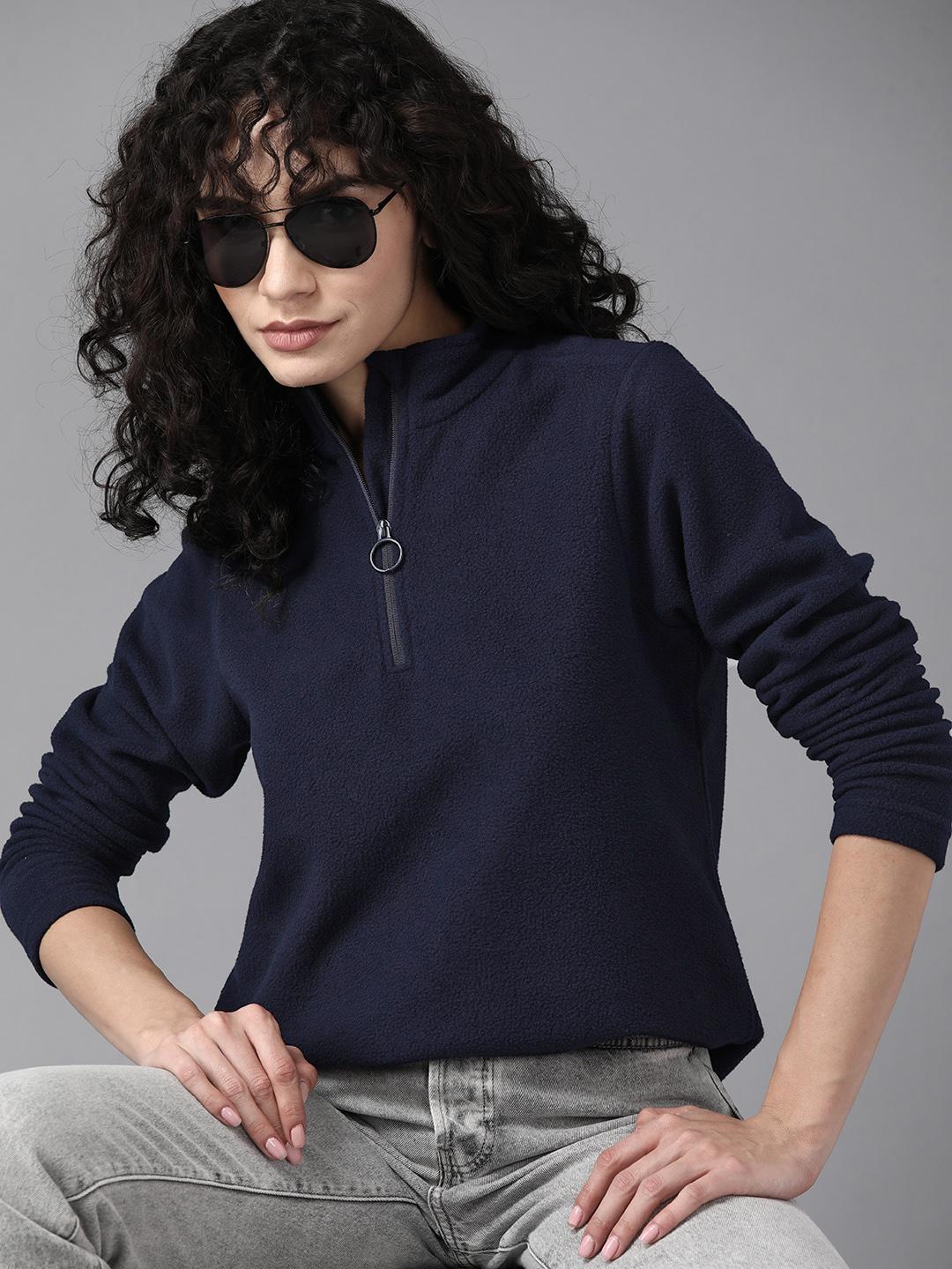 Buy The Roadster Lifestyle Co. Women Navy Blue Half Zipper