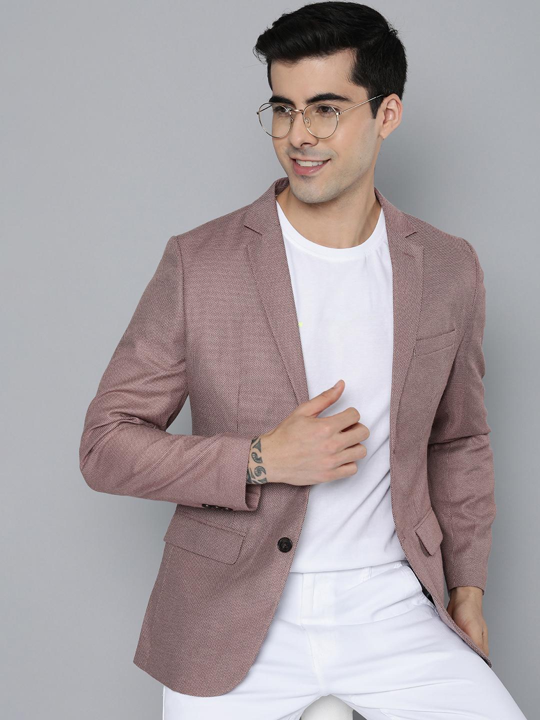 Buy HERE&NOW Men Maroon Self Design Textured Regular Fit Smart